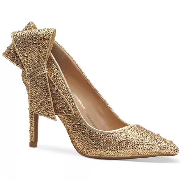 INC International Concepts Shoes - INC International Concepts Silvee Gold Heels with Bow Detail Rhinestones Pointed